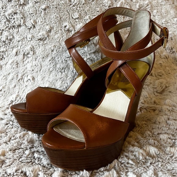 Michael Kors Shoes - EUC [Michael Kors] Strappy Brown Leather Platform Peep Toe Wedges High Heels | 8